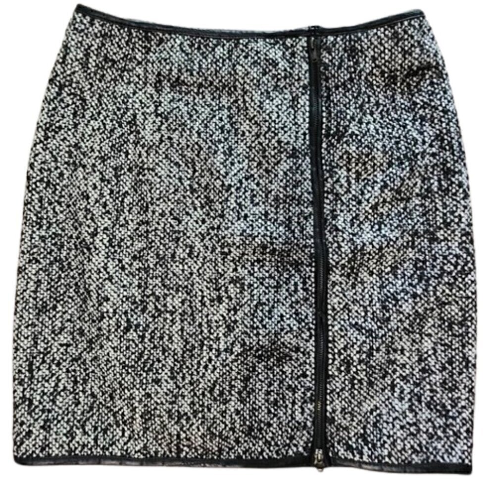 NWT MYSTREE Black white wool blend faux leather mini skirt